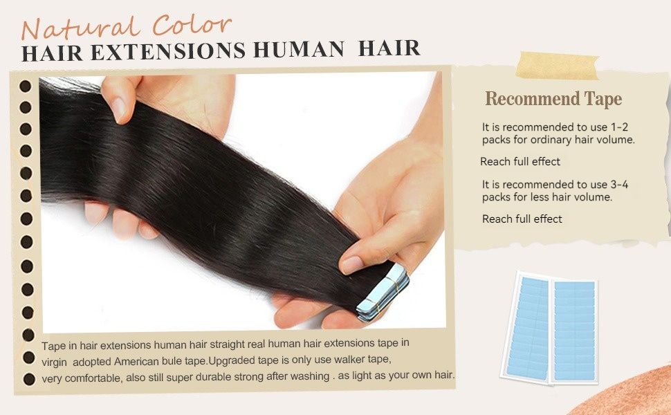 Human hair tape hair extensions that blend seamlessly with natural hair, offering a straight finish